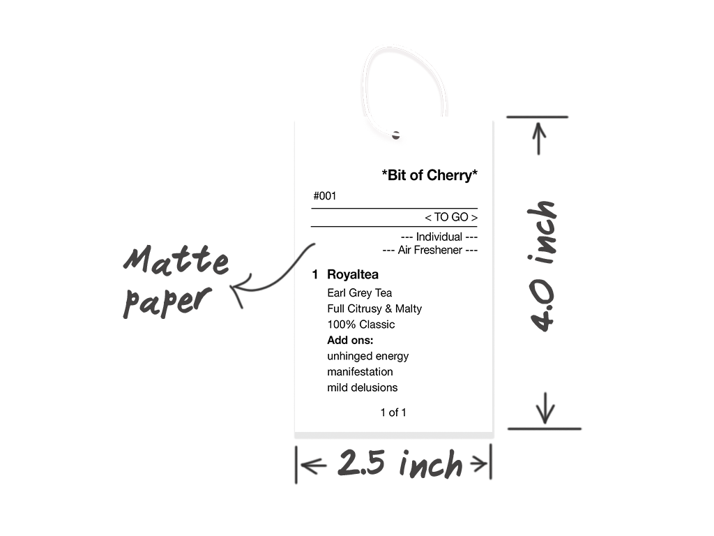 Measurement chart for 'bit of cherry' air freshener with dimensions and text on a white background
