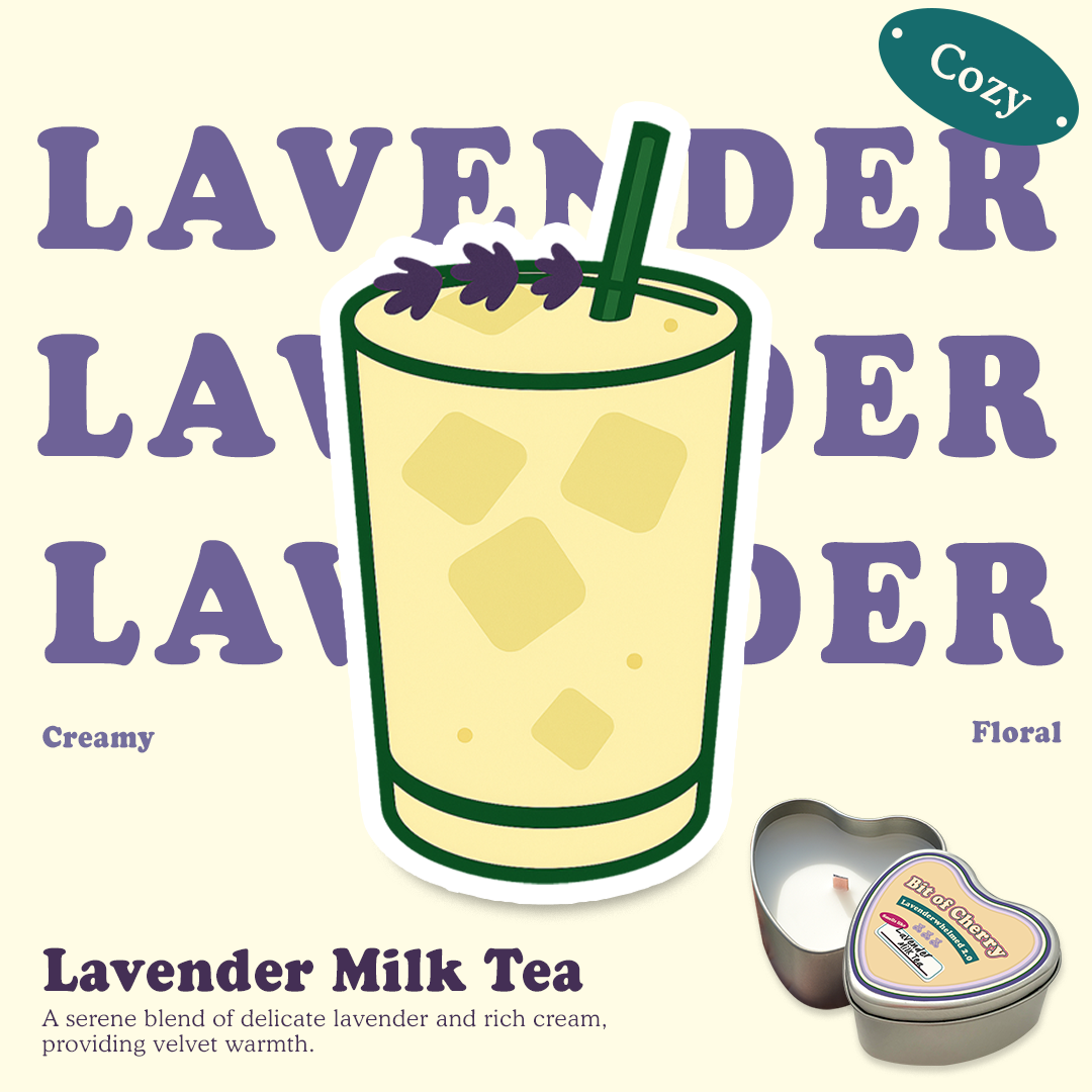 Illustration of a glass of Lavender Milk Tea with scent descriptions and a candle labeled 'Lavender Milk Tea'  from 'Bit of Cherry' brand on a beige background.