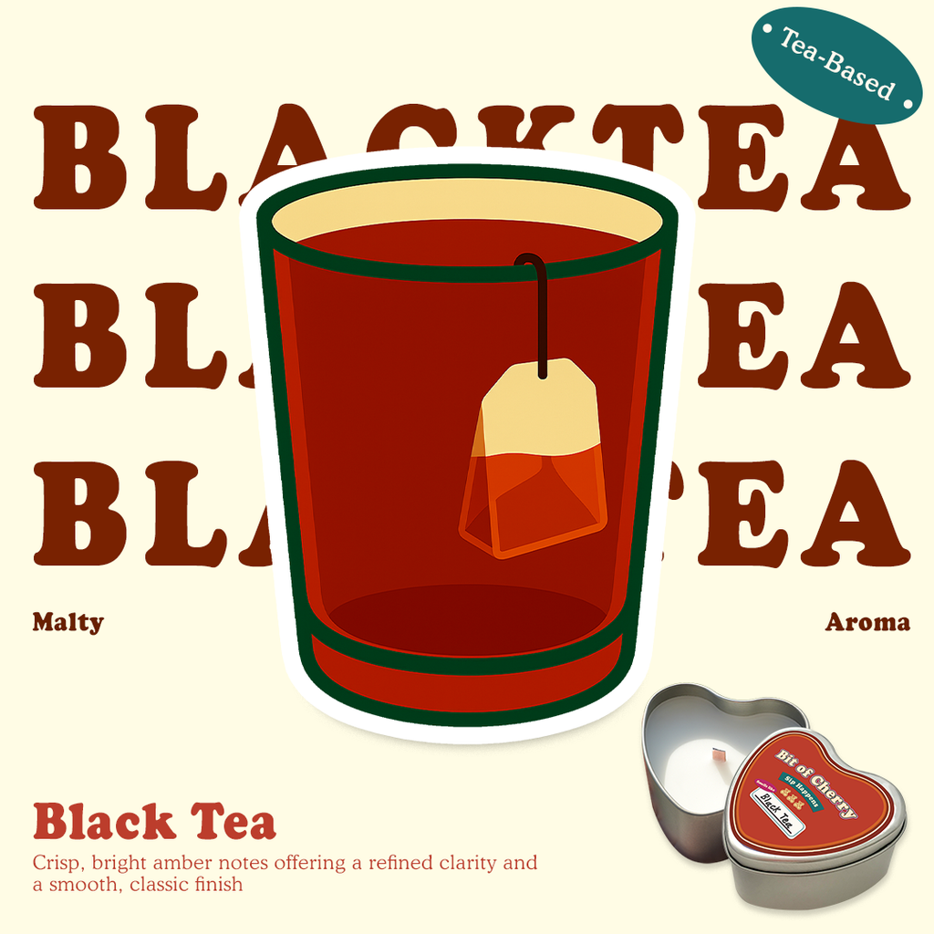 Illustration of a glass of black tea with scent descriptions and a candle labeled 'Black Tea'  from 'Bit of Cherry' brand on a beige background.