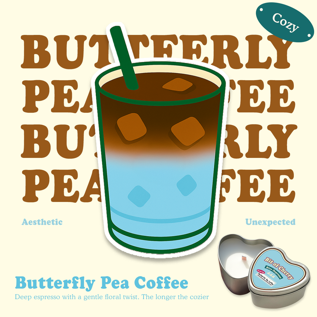 Illustration of a glass of butterfly pea coffee with scent descriptions and a candle labeled 'Butterfly Pea Coffee'  from 'Bit of Cherry' brand on a beige background.