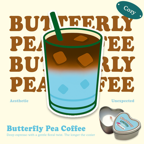 Illustration of a glass of Butterfly Pea coffee with scent descriptions and a candle labeled 'Butterfly Pea Coffee'  from 'Bit of Cherry' brand on a beige background.
