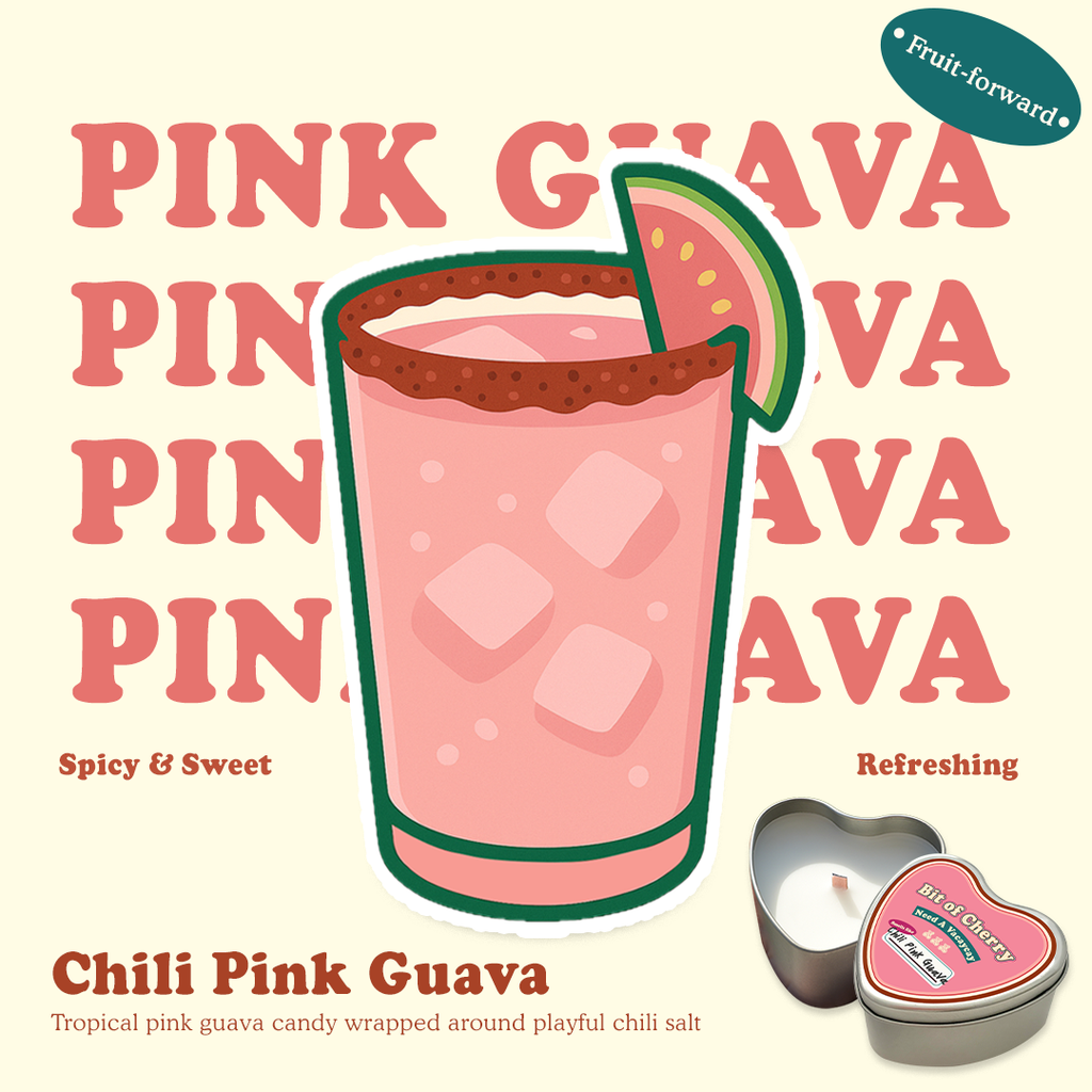 Illustration of a glass of Chili Pink Guava with scent descriptions and a candle labeled 'Chili Pink Guava'  from 'Bit of Cherry' brand on a beige background.