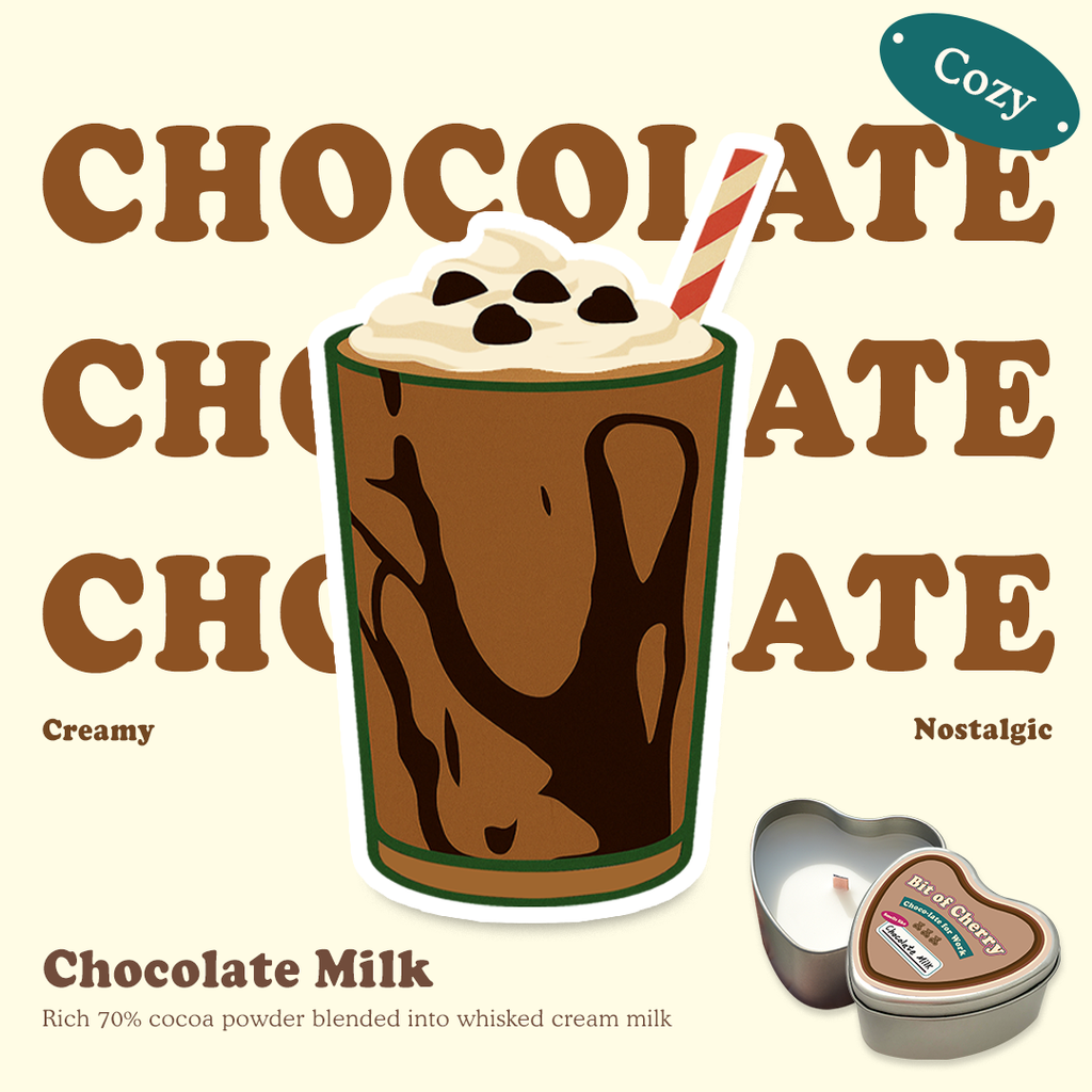 Illustration of a glass of Chocolate Milk with scent descriptions and a candle labeled 'Chocolate milk'  from 'Bit of Cherry' brand on a beige background.