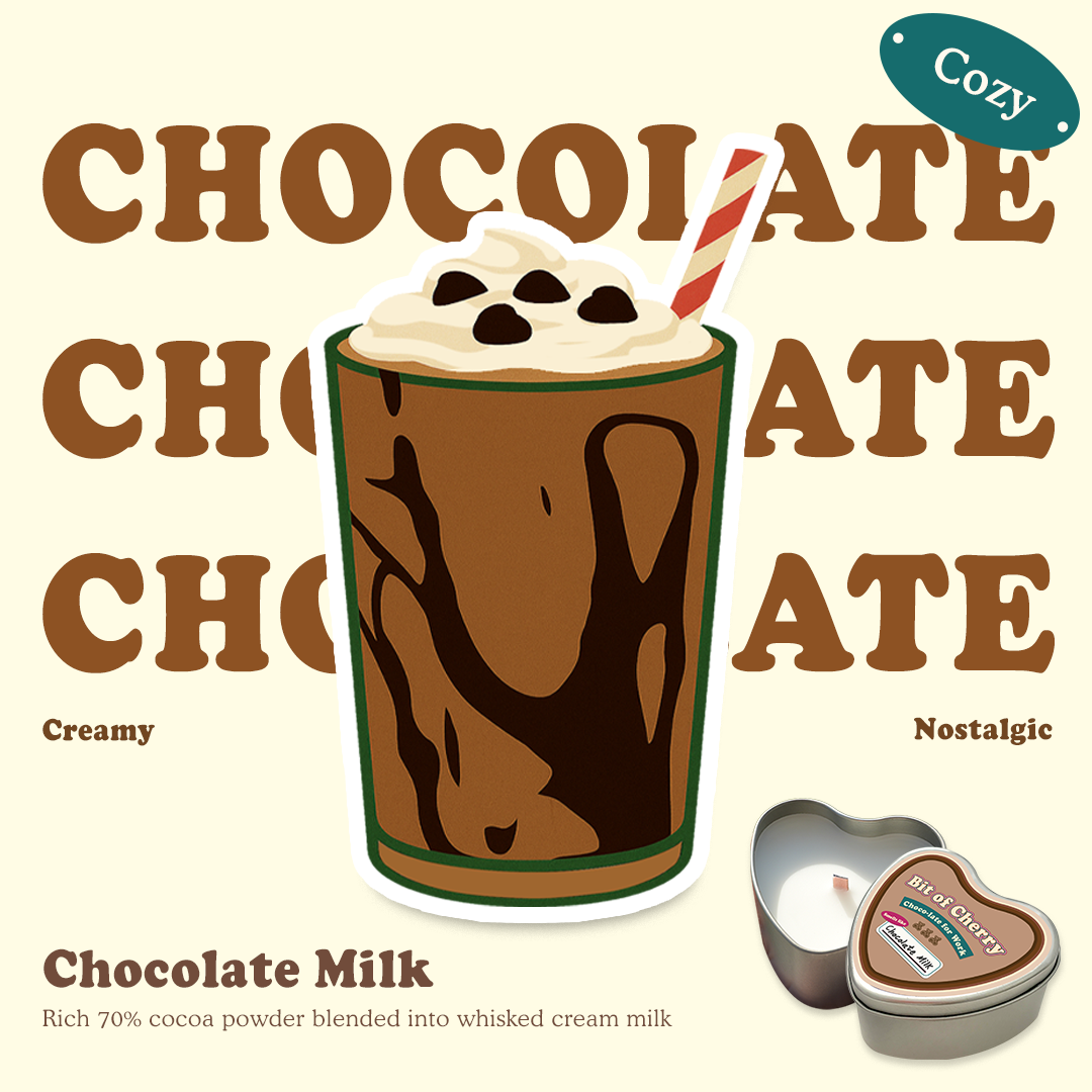 Illustration of a glass of Chocolate Milk with scent descriptions and a candle labeled 'Chocolate milk'  from 'Bit of Cherry' brand on a beige background.