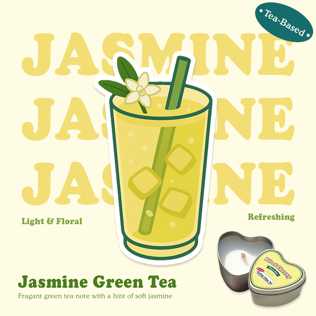 Illustration of a glass of Jasmine green tea with scent descriptions  and a candle labeled 'Jasmine green tea' from 'Bit of Cherry' brand on a beige background.