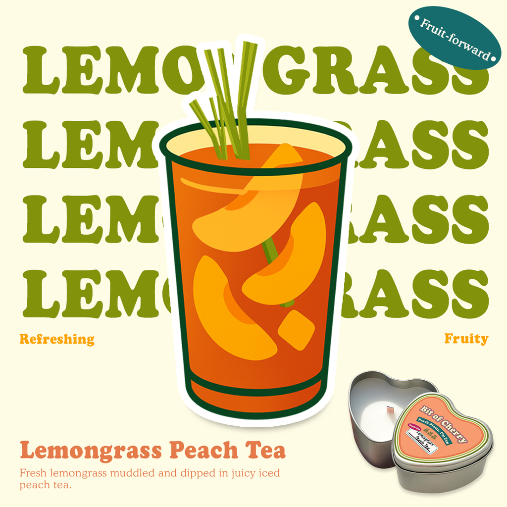 Illustration of a glass of lemongrass peach tea with scent descriptions and a candle labeled 'Lemongrass peach Tea'  from 'Bit of Cherry' brand on a beige background.