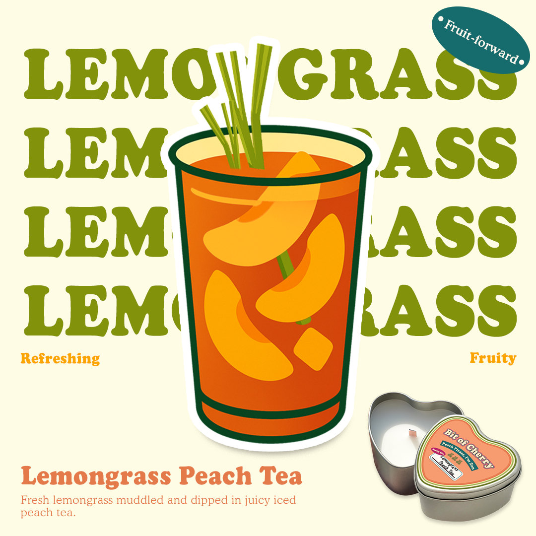 Illustration of a glass of lemongrass peach tea with scent descriptions and a candle labeled 'Lemongrass peach Tea'  from 'Bit of Cherry' brand on a beige background.