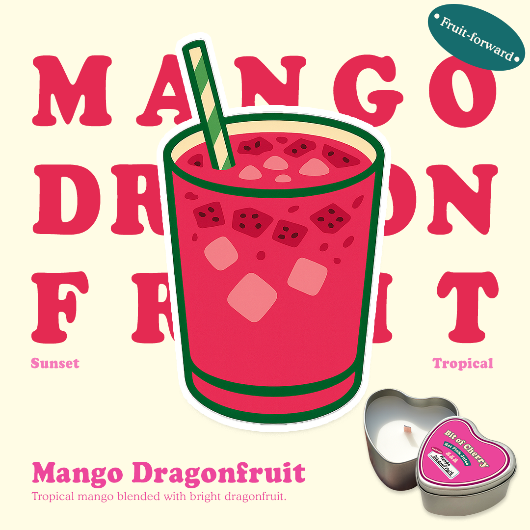 Illustration of a glass of Mango Dragon fruit with scent descriptions and a candle labeled 'Mango Dragon fruit'  from 'Bit of Cherry' brand on a beige background.