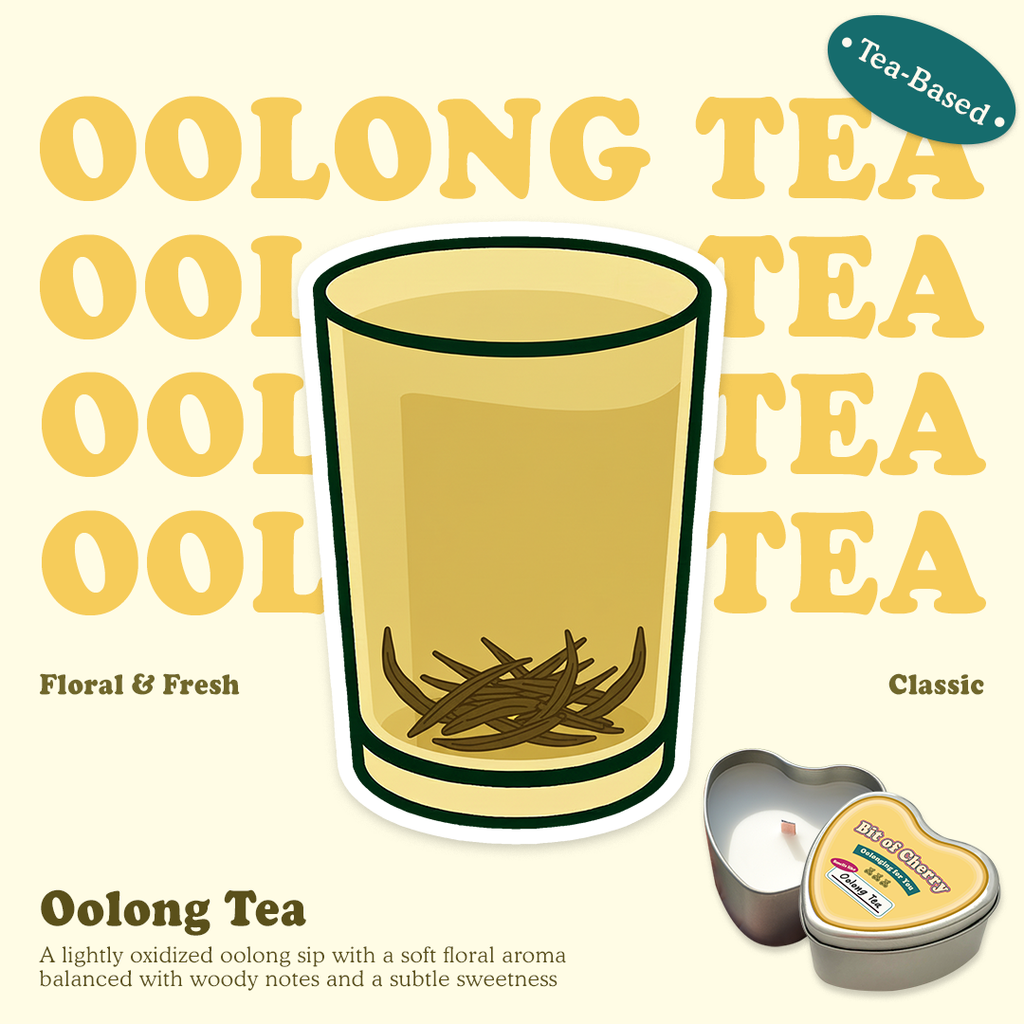 Illustration of a glass of oolong tea with scent descriptions and a candle labeled 'Oolong Tea'  from 'Bit of Cherry' brand on a beige background.