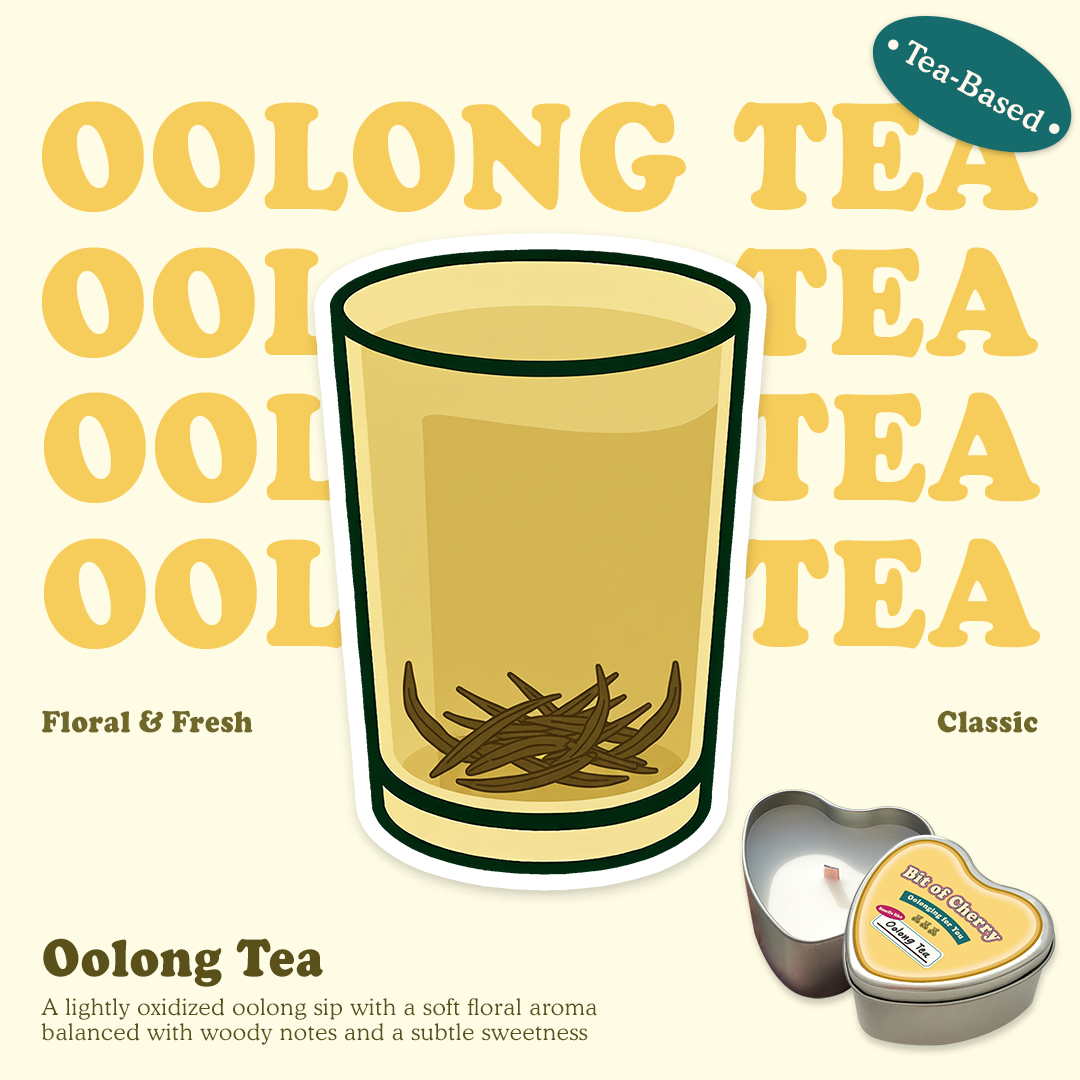 Illustration of a glass of oolong tea with scent descriptions and a candle labeled 'Oolong Tea'  from 'Bit of Cherry' brand on a beige background.
