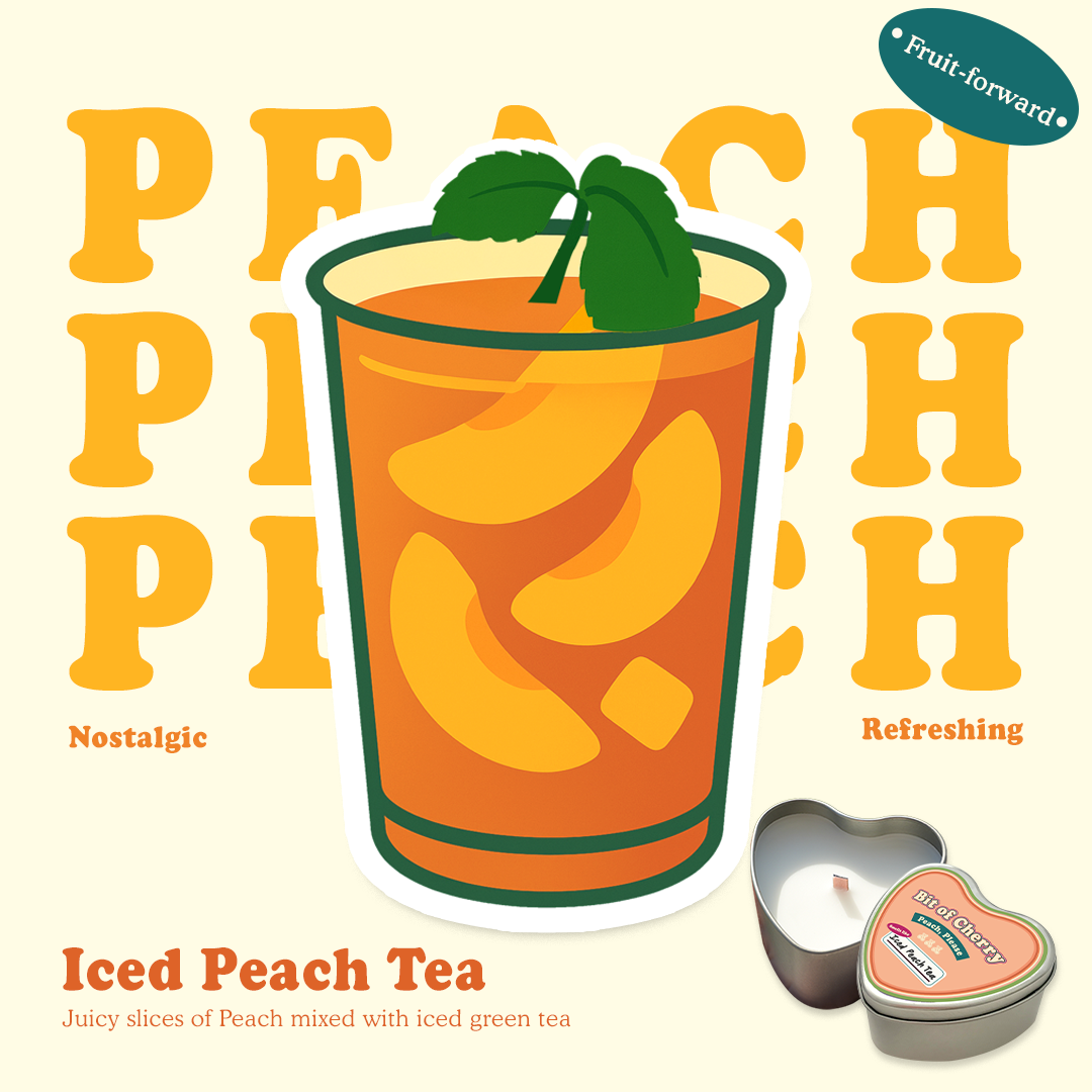 Illustration of a glass of Iced Peach tea with scent descriptions and a candle labeled 'Peach Iced Tea'  from 'Bit of Cherry' brand on a beige background.