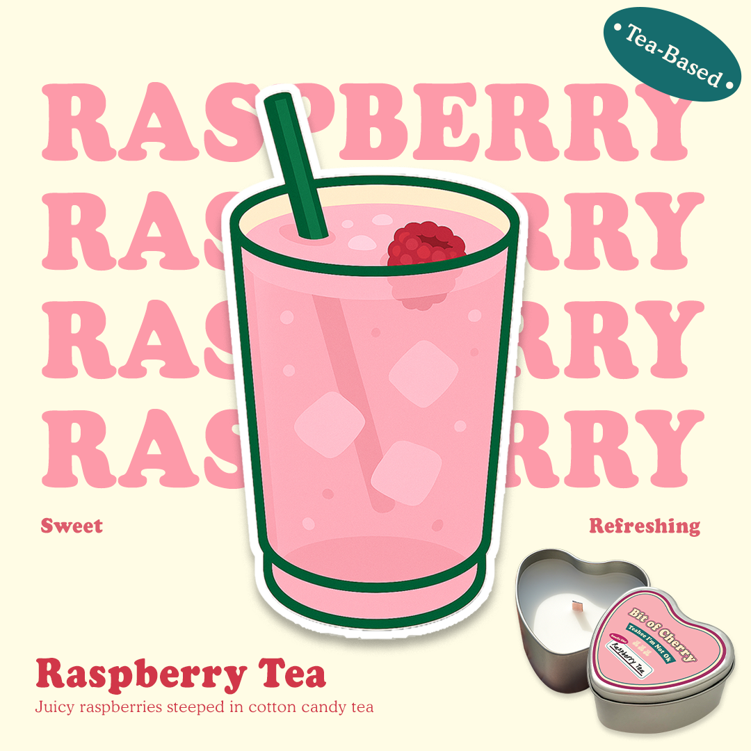 Illustration of a glass of Raspberry tea with scent descriptions and a candle labeled 'Raspberry Tea'  from 'Bit of Cherry' brand on a beige background.