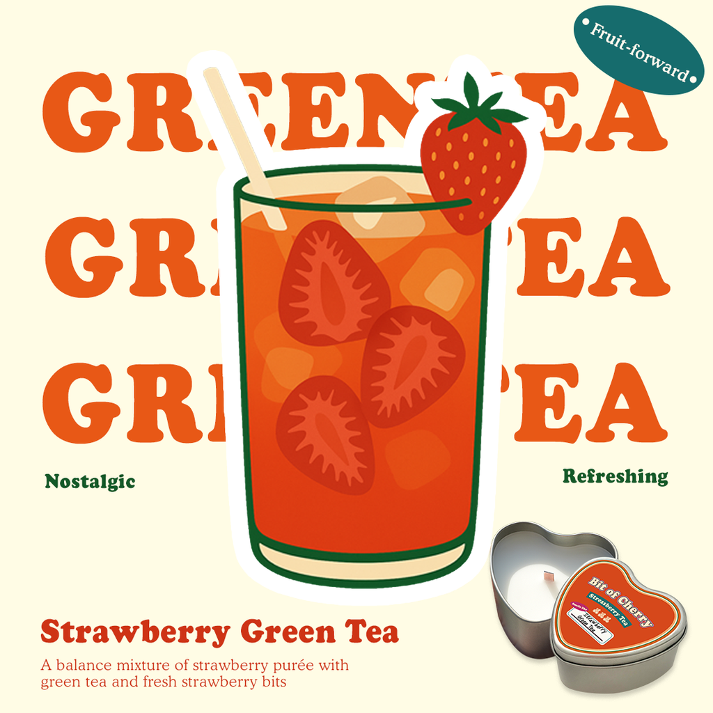 Illustration of a glass of Strawberry Green tea with scent descriptions and a candle labeled 'Strawberry green Tea'  from 'Bit of Cherry' brand on a beige background.