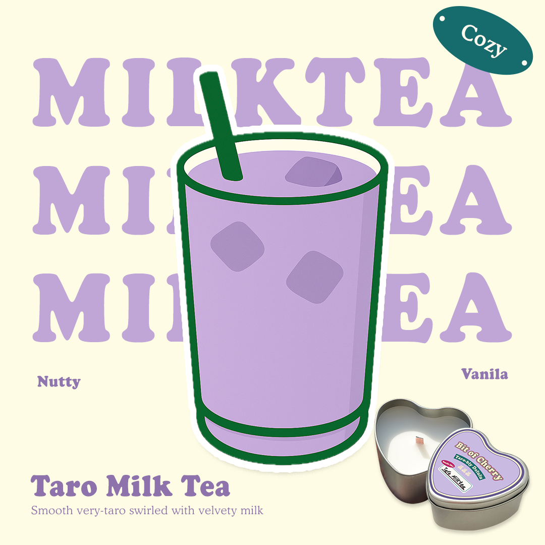 Illustration of a glass of Taro milk tea with scent descriptions and a candle labeled 'Taro Milk Tea'  from 'Bit of Cherry' brand on a beige background.