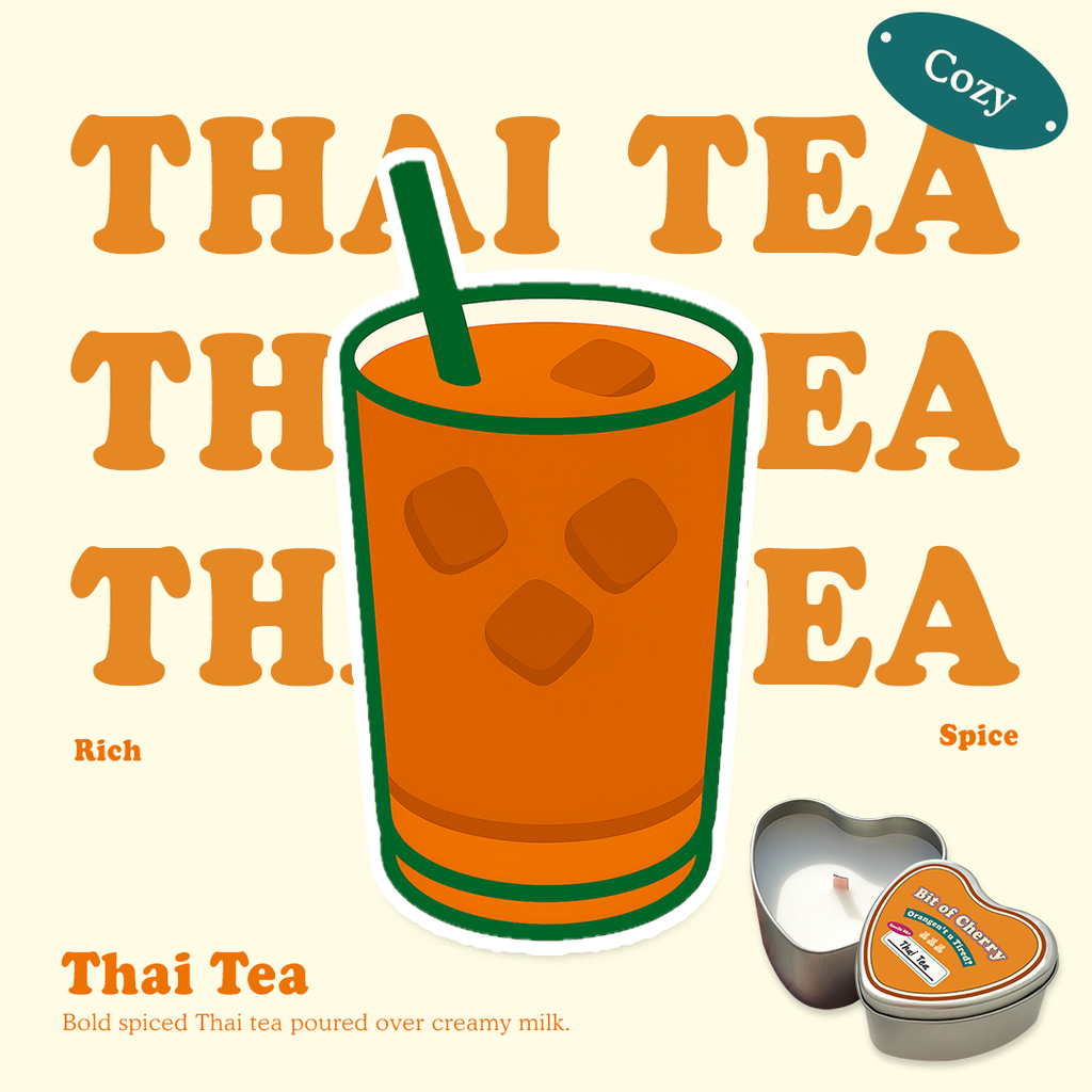 Illustration of a glass of Thai tea with scent descriptions and a candle labeled 'Thai Tea'  from 'Bit of Cherry' brand on a beige background.
