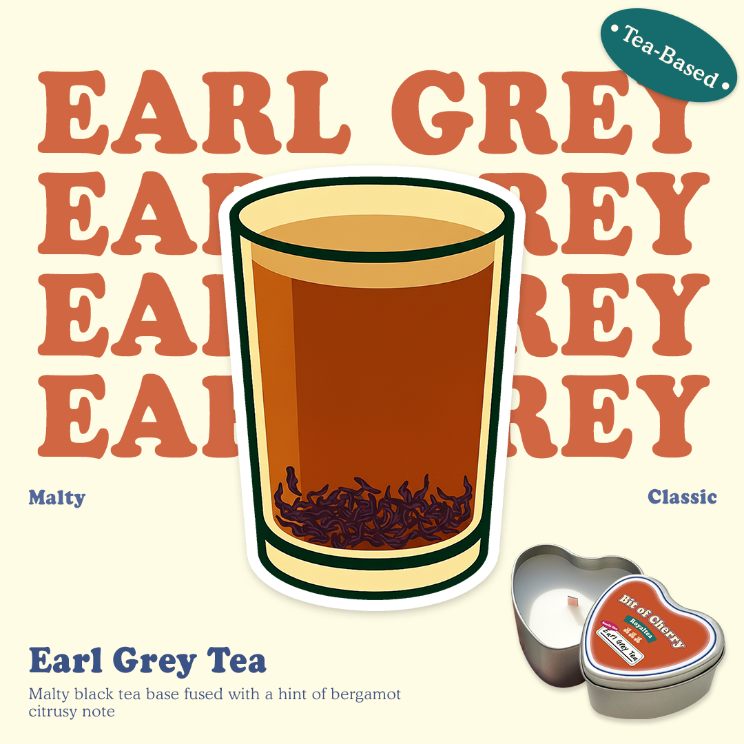 Illustration of a glass of Earl grey tea with scent descriptions and a candle labeled 'Earl grey Tea'  from 'Bit of Cherry' brand on a beige background.