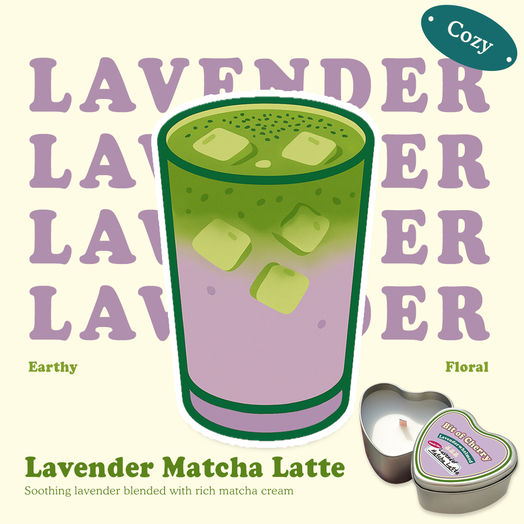 Illustration of a glass of Lavender Matcha Latte with scent descriptions and a candle labeled 'Lavender Matcha Latte'  from 'Bit of Cherry' brand on a beige background.