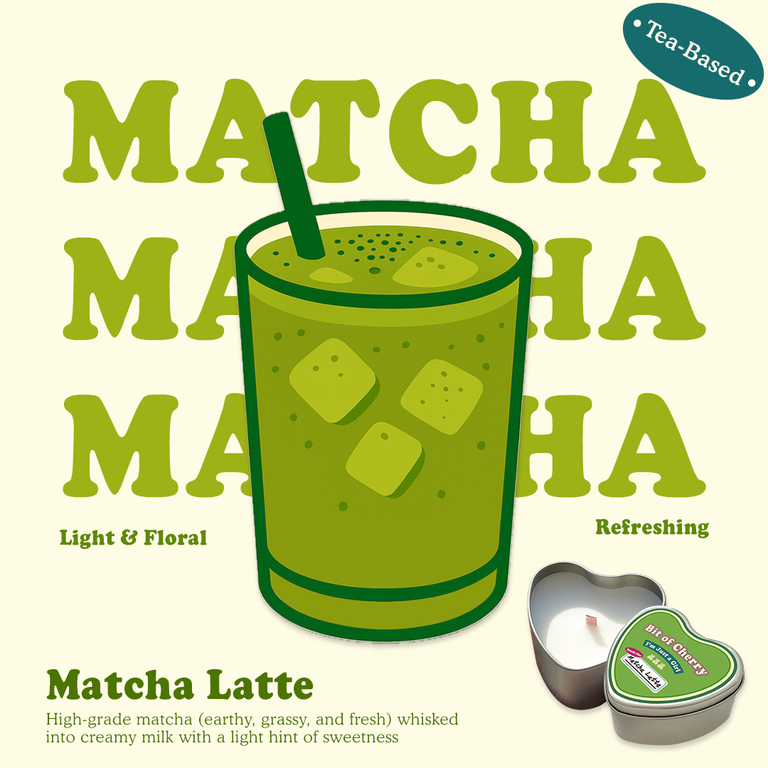 Illustration of a glass of Matcha Latte with scent descriptions and a candle labeled 'Matcha Latte'  from 'Bit of Cherry' brand on a beige background.