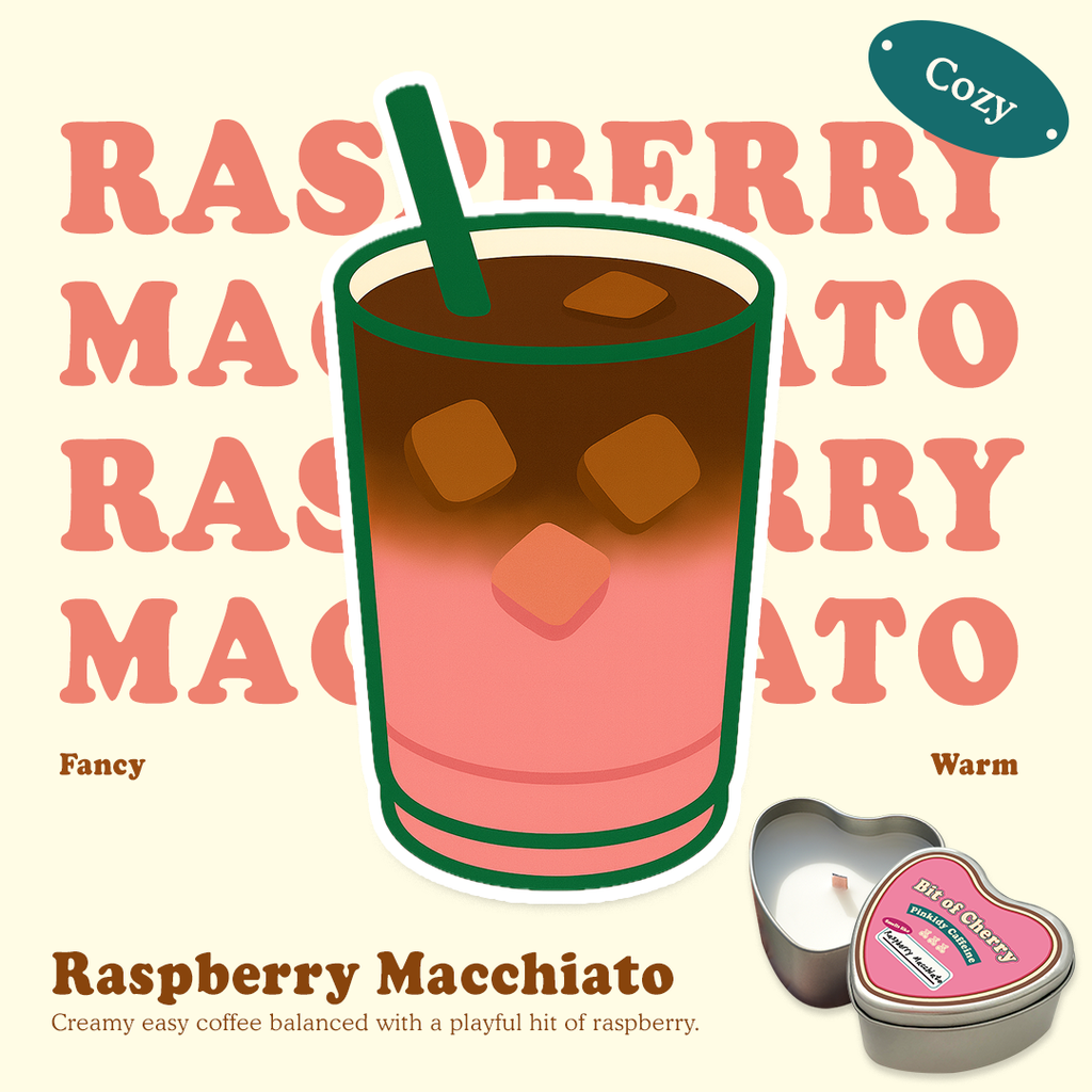 Illustration of a glass of Raspberry Macchiato with scent descriptions and a candle labeled 'Raspberry Macchiato'  from 'Bit of Cherry' brand on a beige background.