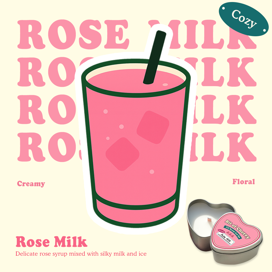 Illustration of a glass of Rose Milk with scent descriptions and a candle labeled 'Rose Milk'  from 'Bit of Cherry' brand on a beige background.