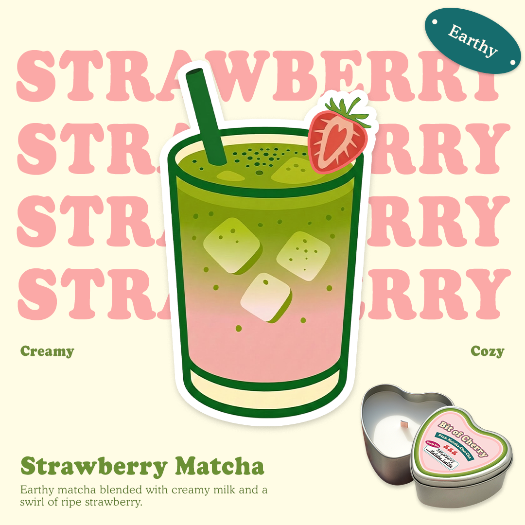 Illustration of a glass of Strawberry Matcha with scent descriptions and a candle labeled 'Strawberry Matcha'  from 'Bit of Cherry' brand on a beige background.
