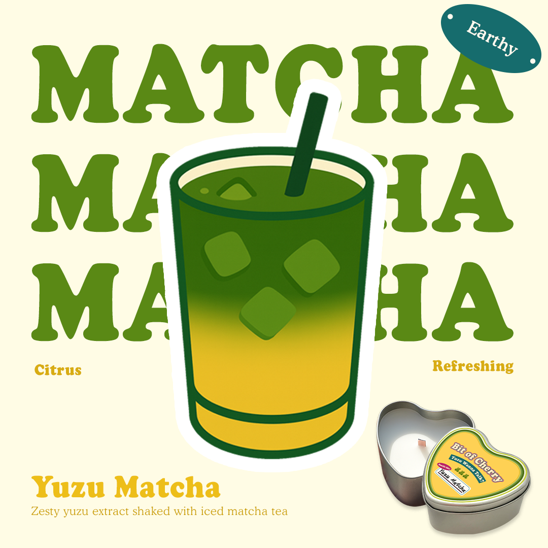 Illustration of a glass of Yuzu Matcha with scent descriptions and a candle labeled 'Yuzu Matcha'  from 'Bit of Cherry' brand on a beige background.