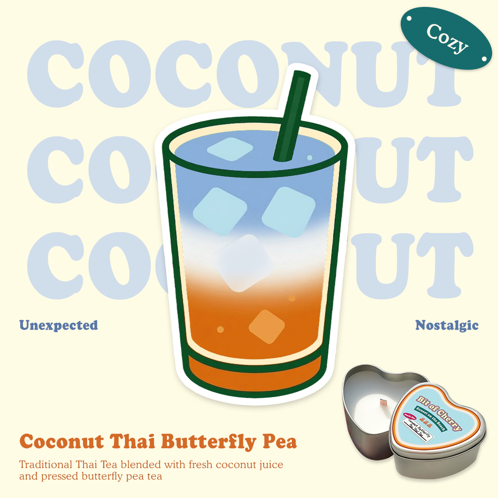 Illustration of a glass of Coconut Thai Butterfly Pea Tea with scent descriptions and a candle labeled 'coconut thai tea butterfly pea tea'  from 'Bit of Cherry' brand on a beige background.