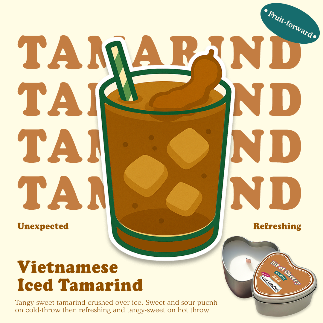 Illustration of a glass of Vietnamese Iced Tamarind with scent descriptions and a candle labeled 'Vietnamese Iced Tamarind'  from 'Bit of Cherry' brand on a beige background.