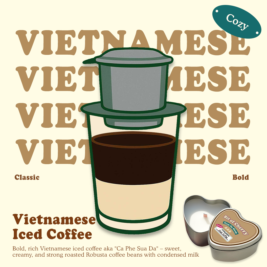Illustration of a glass of Vietnamese Iced Coffee with scent descriptions and a candle labeled 'Vietnamese Iced Coffee'  from 'Bit of Cherry' brand on a beige background.