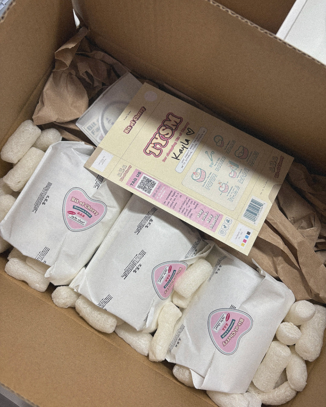 'Bit of Cherry' cute aesthetic candle shipping box package with cute thank you card